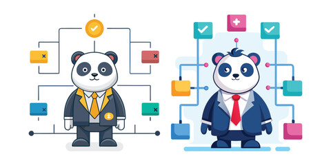 Business panda analyzing a flowchart, corporate strategy concept, professional panda character, business planning vector, office workflow illustration, creative business mascot design