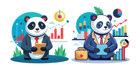 CEO Panda Analyzing Stock Market Trends, Financial Growth, Business Success, Corporate Strategy, Investment Insights, Leadership, Finance Vector Illustration Design