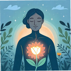 person with open chest revealing a glowing flower