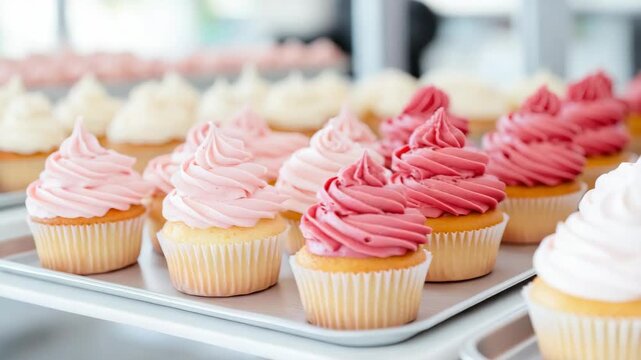 Delicious cupcake display: assortment of pink and white frosted cupcakes on tray