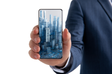 Businessman Holding Smartphone Displaying Digital Cityscape in Modern Office Setting