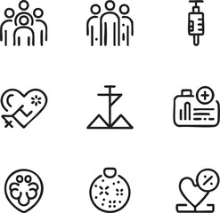 Fototapeta premium Healthcare and community vector icon set outline icons medical,people,vaccine,heart,community,blood test,bacteria,disease,percentage icon set