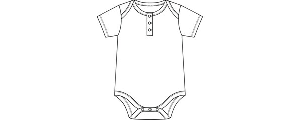 Baby romper vector illustration, short sleeve infant bodysuit with button placket, CAD flat sketch, newborn clothing technical drawing design