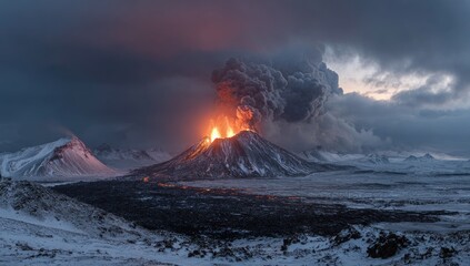 Volcano erupting in snowy landscape