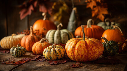 Autumn pumpkins and gourds on an old wooden tabl