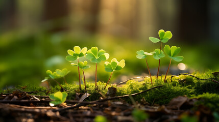 Petits trèfles planté dans la nature à côté de mousse et gazon dans une forêt lumineuse. Rayon du soleil qui pénètre à travers les feuilles des arbres. Calme, apaisant. Extérieur, nature.