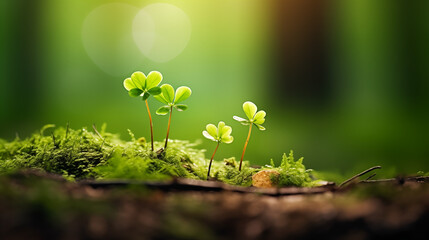 Petits trèfles planté dans la nature à côté de mousse et gazon dans une forêt lumineuse. Rayon du soleil qui pénètre à travers les feuilles des arbres. Calme, apaisant. Extérieur, nature.