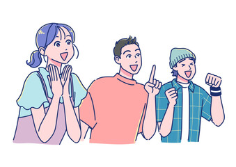 斜め上を見て感激するアニメ調の若い男女