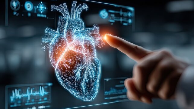 Doctor showing heart X-ray hologram, futuristic medical tech, digital health care, anatomy scan, hospital innovation