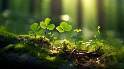 Petits trèfles planté dans la nature à côté de mousse et gazon dans une forêt lumineuse. Rayon du soleil qui pénètre à travers les feuilles des arbres. Calme, apaisant. Extérieur, nature.