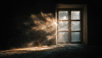 Sunlight streams through dusty window