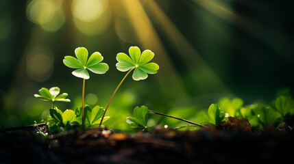 Petits trèfles planté dans la nature à côté de mousse et gazon dans une forêt lumineuse. Rayon du soleil qui pénètre à travers les feuilles des arbres. Calme, apaisant. Extérieur, nature.