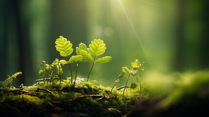 Petits trèfles planté dans la nature à côté de mousse et gazon dans une forêt lumineuse. Rayon du soleil qui pénètre à travers les feuilles des arbres. Calme, apaisant. Extérieur, nature.