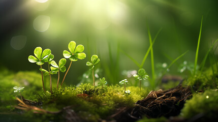 Petits trèfles planté dans la nature à côté de mousse et gazon dans une forêt lumineuse. Rayon du soleil qui pénètre à travers les feuilles des arbres. Calme, apaisant. Extérieur, nature.