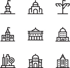 Landmark building vector icon set simple line style,editable stroke palace,museum,monument,modern city,government,tower,historical,architectural,construction,religious building icon set