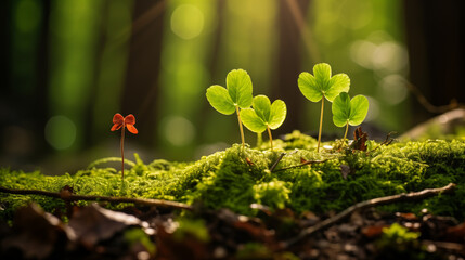 Petits trèfles planté dans la nature à côté de mousse et gazon dans une forêt lumineuse. Rayon du soleil qui pénètre à travers les feuilles des arbres. Calme, apaisant. Extérieur, nature.