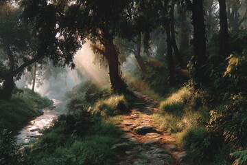 Obraz premium A path through the forest with sunlight and a small stream