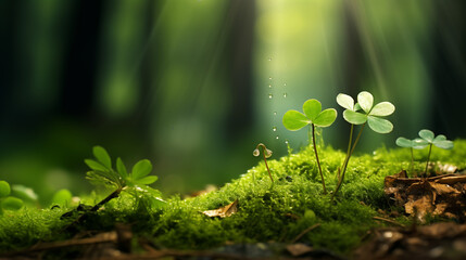 Petits trèfles planté dans la nature à côté de mousse et gazon dans une forêt lumineuse. Rayon du soleil qui pénètre à travers les feuilles des arbres. Calme, apaisant. Extérieur, nature.