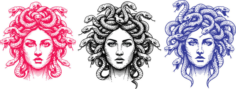 Three medusa portraits with snake hair in black and white sketch style on a white background design art