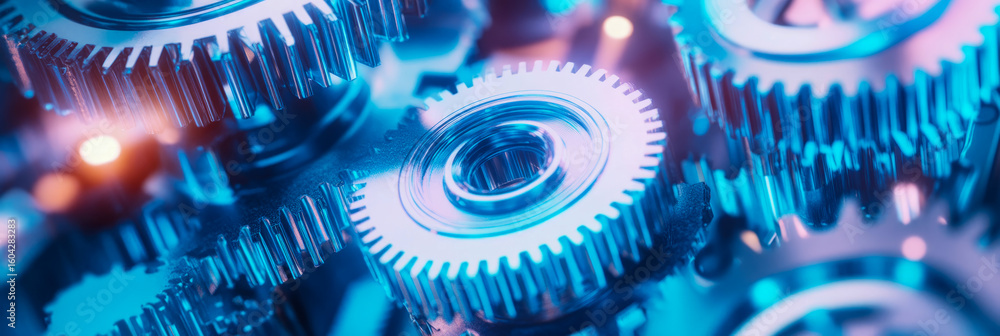 Poster interconnected metallic gears glowing with vibrant blue and magenta light, symbolizing advanced tech