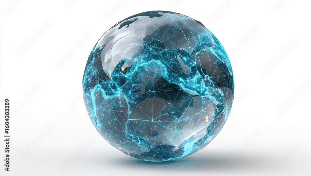 Poster a luminous globe displays a network of interconnected data points, suggesting global communication a