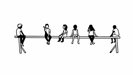 Silhouette of Children Sitting and Talking on a Bar and Ground Isolated on White Background – Casual Group of Kids in Various Relaxed Poses