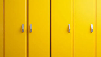 Close-up of yellow lockers with silver handles. 