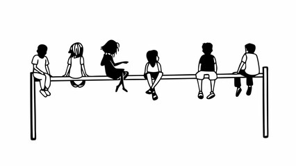 Silhouette of Children Sitting and Talking on a Bar and Ground Isolated on White Background – Casual Group of Kids in Various Relaxed Poses