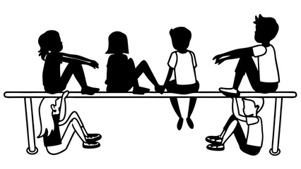 Silhouette of Children Sitting and Talking on a Bar and Ground Isolated on White Background – Casual Group of Kids in Various Relaxed Poses