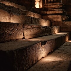 Ancient stone steps, lit from below, with a moody atmosphere