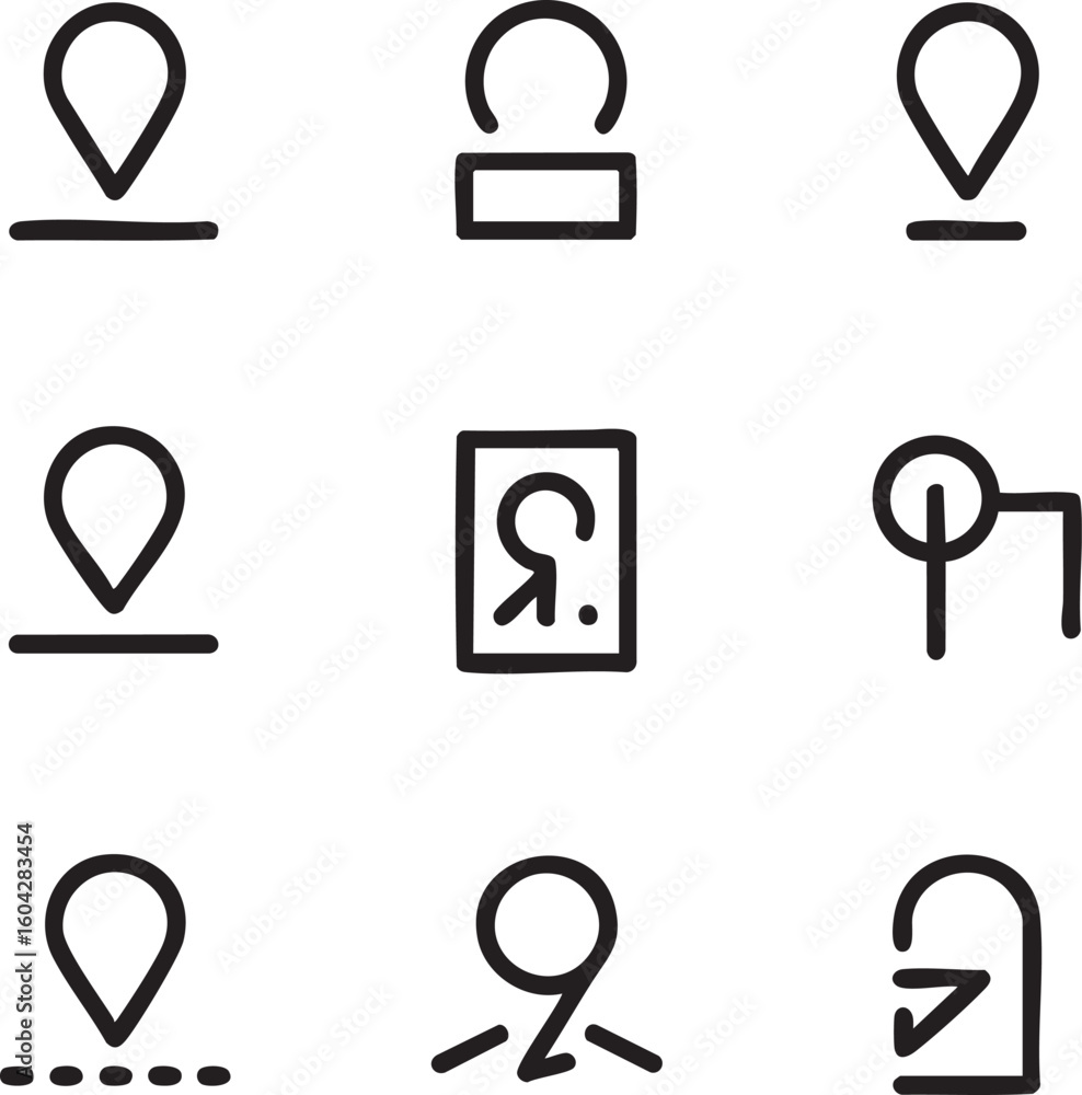 Aufkleber location and interface vector icon set simple hand drawn style map pointer,recording,target,location