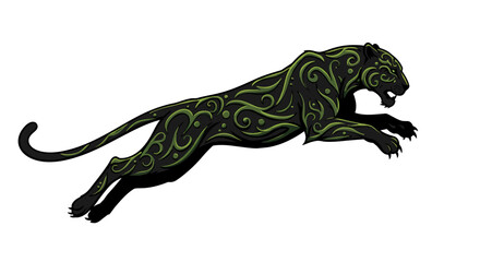 Obraz premium Powerful stylized black panther leaping with vibrant green tribal tattoo art against a clean white backdrop