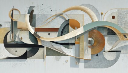Abstract artwork with layered shapes and curves in muted tones