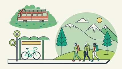 Sustainable travel vector concept including bike sharing public transport eco tourism and carbon footprint reduction




