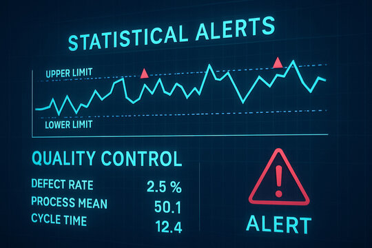 Statistical alerts monitor quality control manufacturing processes to ensure defect rate and cycle time stay within limits for optimal production
