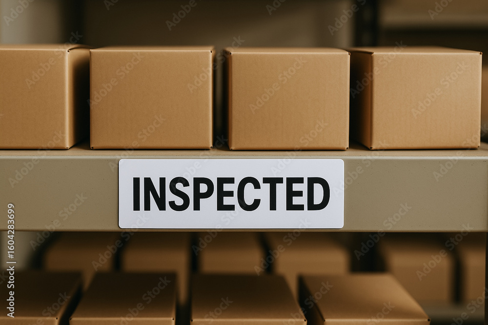 Poster inspected cardboard boxes shelf represent quality control manufacturing processes ensuring product r