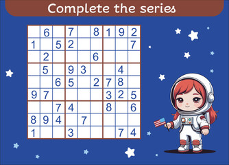 A "Complete the Series" sudoku puzzle for kids, featuring an astronaut girl holding an American flag on a starry blue background. Vector template, children s educational game on paper