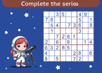 A "Complete the Series" sudoku puzzle for kids, featuring an astronaut girl with a telescope on a starry blue background. Vector template, ideal for educational games.