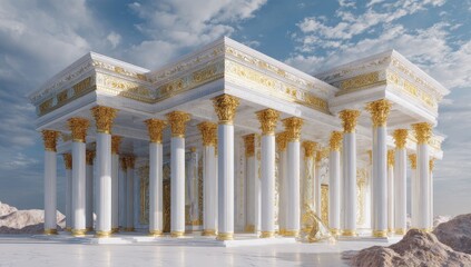 Grand white temple, gold accents, columns,  desert setting