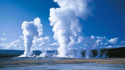 Towering geysers shooting steam into blue sky across a geothermal field no human no labelling no logo