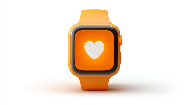 Vibrant orange smartwatch with a heart icon displayed on the screen, isolated on white.