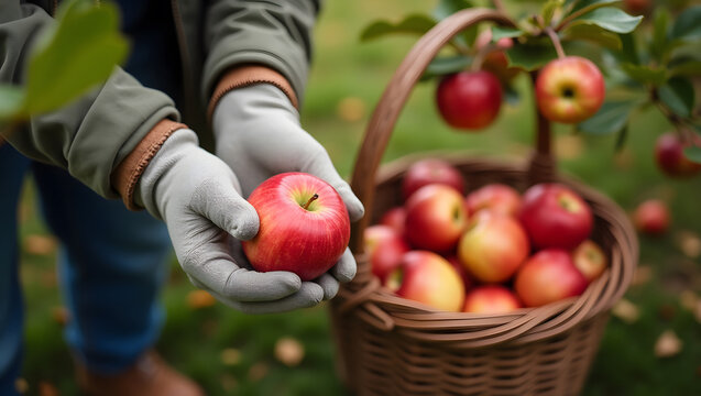 Close-up of a person's hands wearing gloves and holding a ripe apple, with a basket full of apples in the background. Autumn harvest.