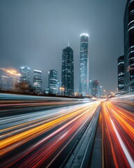City highway at night, motion blur of car lights