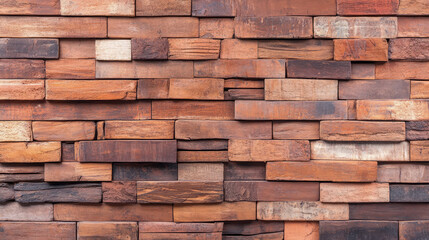 A rustic wall construction composed of varied reclaimed wood block elements, showcasing earthy tones and natural imperfections, ideal for a contemporary interior surface or architectural element.