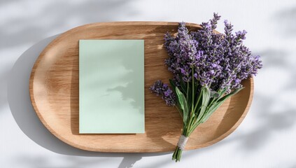 Light wooden tray, lavender bouquet, and blank card