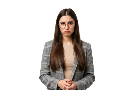 A young woman with long brown hair looks sad and upset on a transparent background