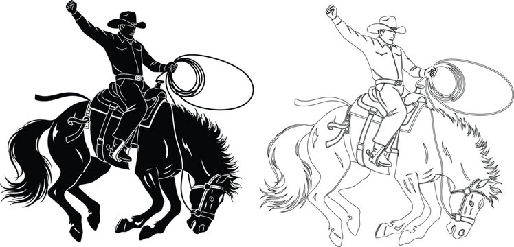 A black and white silhouette of a cowboy riding a horse with a lasso in the air on white background