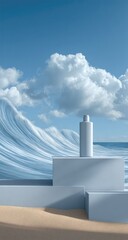 Light-blue podiums with product, ocean, and clouds