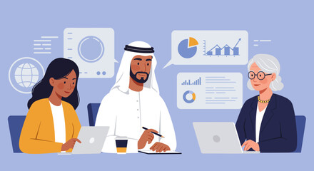 Diverse team collaborates on global strategy with data insights in modern office