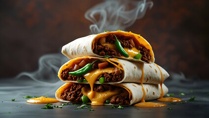 Stack of Hot Burritos with Fresh Toppings and Abundant Cheese